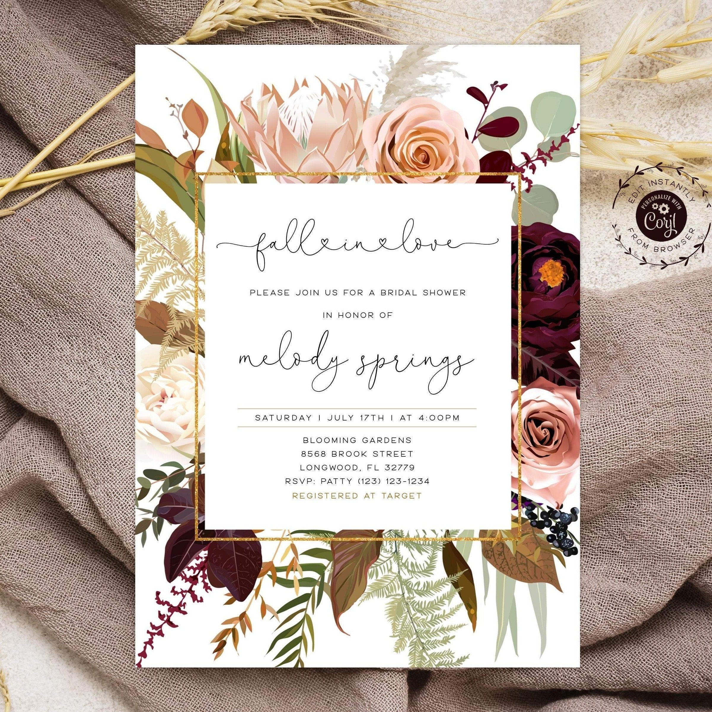 Fall in love bridal shower invitation, rust floral template with geometric  frame