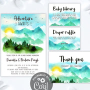 Adventure mountains baby shower bundle templates, Adventure awaits baby shower