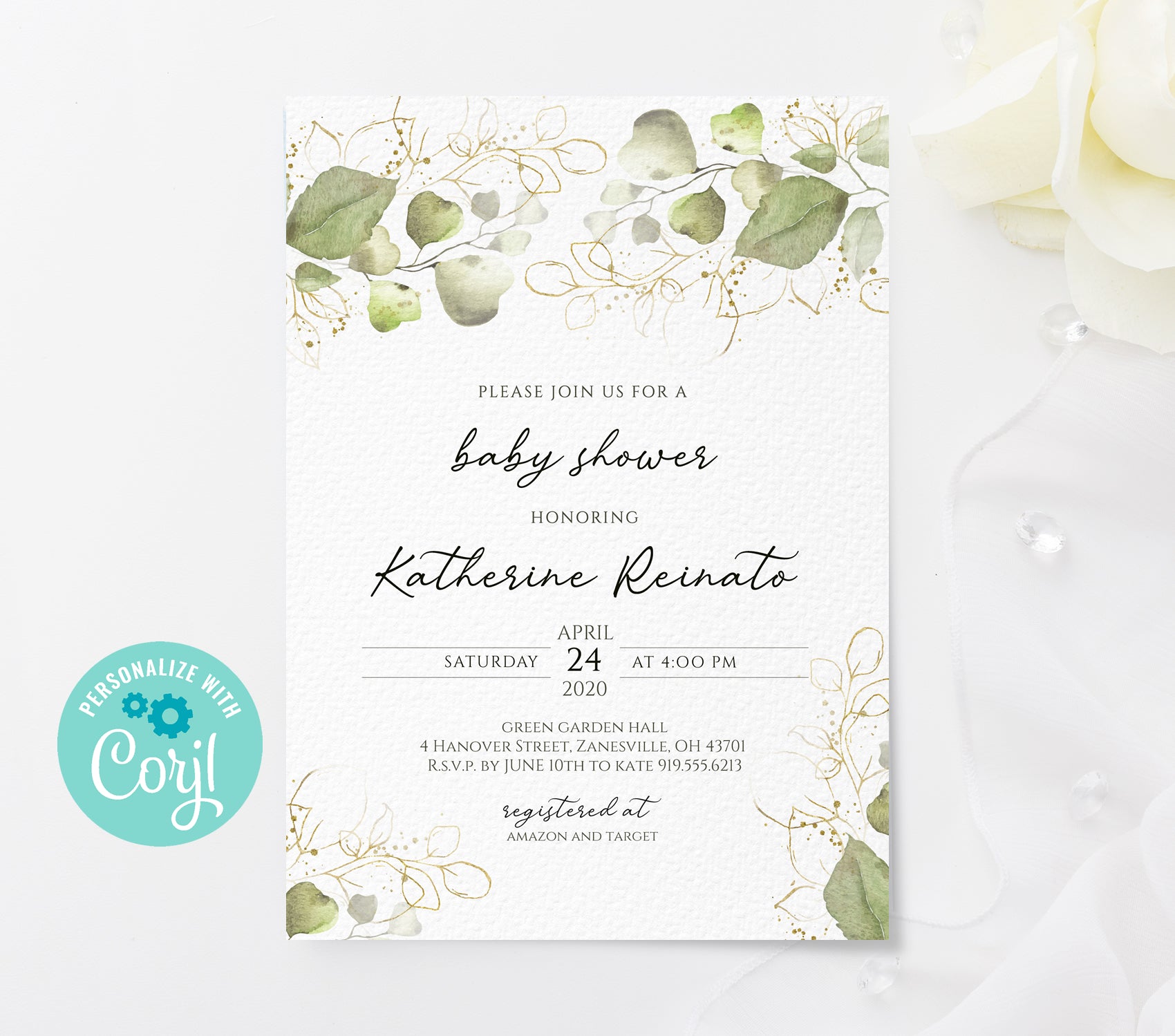 Sage green and rose gold gender neutral baby shower colors
