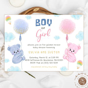 Boy or girl gender reveal invitation, He or She baby shower invitation, Bear gender reveal