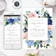 Navy and Blush Baby shower invitation, Baby shower invitation drive by, Floral blush and navy baby shower template