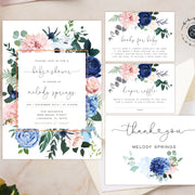 Navy and Blush Baby shower invitation suite, Floral baby shower bundle, 4 items