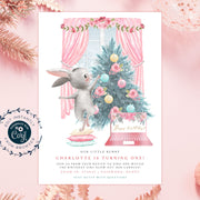 Winter first birthday invitation little bunny, Virtual Christmas birthday invitation for girl