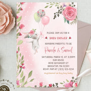 Bunny Baby Shower Invitation Template Girl, Floral, Balloons