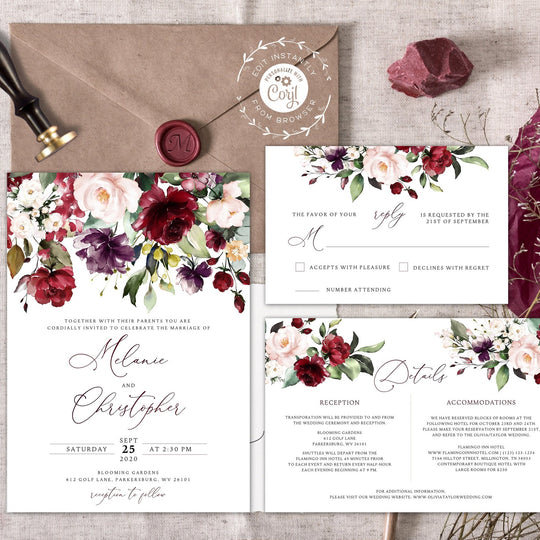 Burgundy and blush wedding invitation templates editable burgundy wedd ...