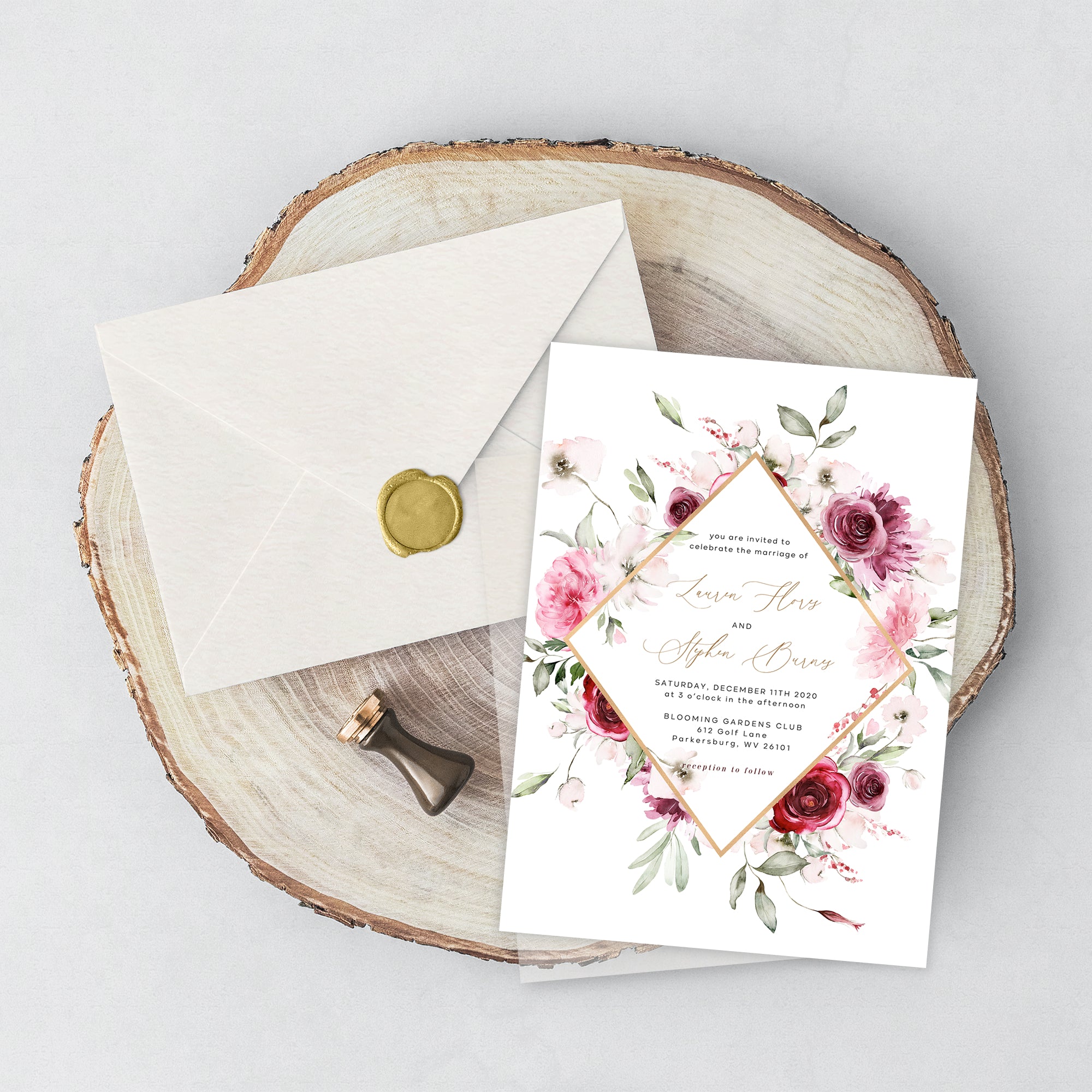 Burgundy floral wedding invitation templates, Cinnamon wedding reception  invitation