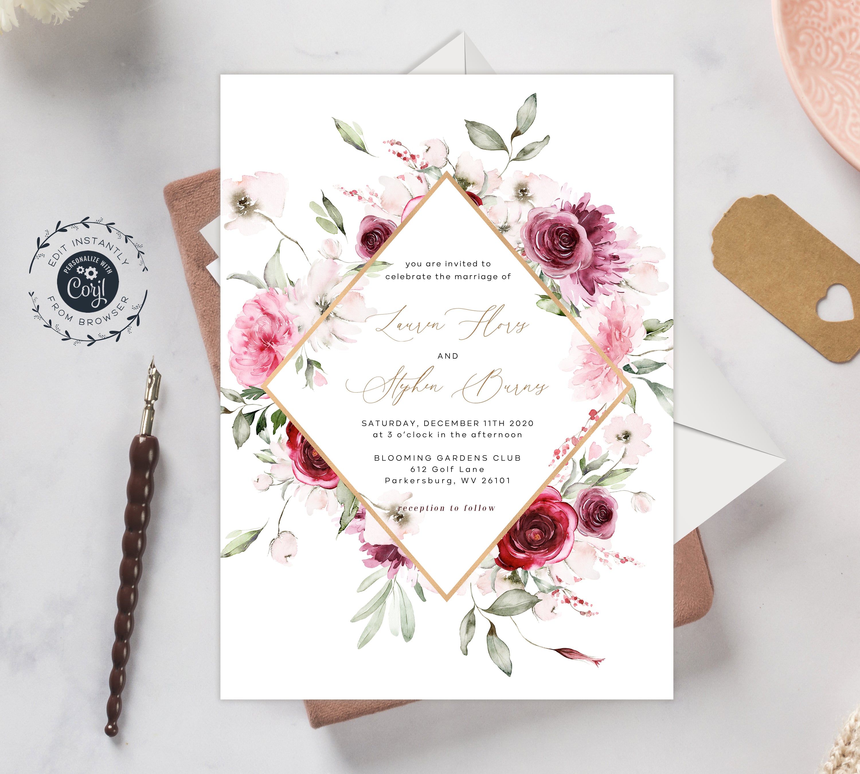 Burgundy floral wedding invitation templates, Cinnamon wedding recepti –  partyrainbow