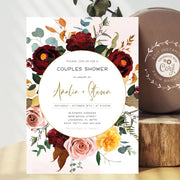 Couples shower invitation for fall or winter party, rust, burgundy