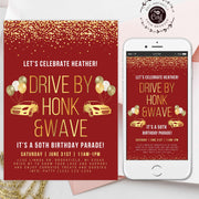 Drive by parade birthday party invitation for adults, Car Parade Quarantine party, red and gold