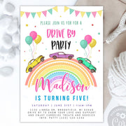 Rainbow Drive By Birthday Parade Invitation for girl editable, Rainbow