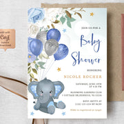 Elephant Boy Baby Shower Invitation Template, Blue Balloons Baby Shower, Floral