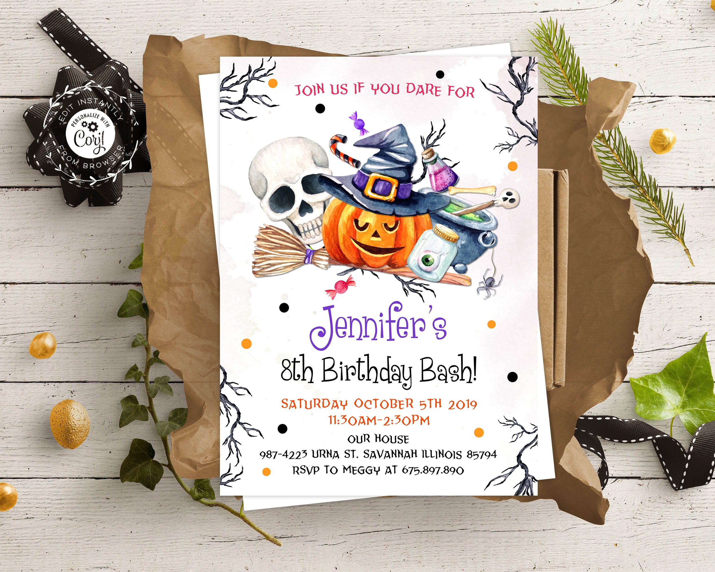 Halloween party invitation for kids, scull, pumpkin, witch party ...