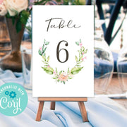 Wedding table number template, greenery, blush