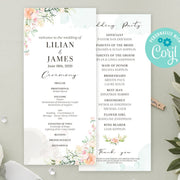 Wedding program template and wedding party template, Blush Pink, Greenery, 4x9