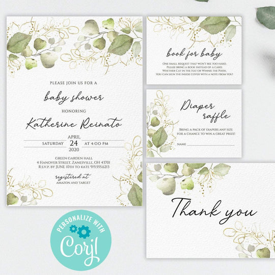 Greenery Eucalyptus Baby Shower Invitation Bundle – partyrainbow