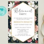 Retirement invitations for women, geometric, roses and gold