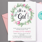 It's a girl baby shower invitation, pink flowers, butterfly, spring