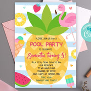 Flamingo and pineapple pool party invitation, fruits birthday, summer birthday