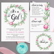 It's a girl baby shower invitation bundle, pink flowers, spring, greenery