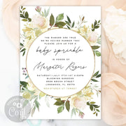 Baby Sprinkle Invitation, gender neutral, ivory white, greenery, vanilla white