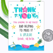 Kids summer thank you card for girl pool party, Kids summer party favor