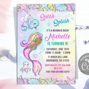 Mermaid theme birthday party invitation editable, Version with picture included