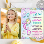 Mermaid invitation with picture editable template splish splash mermaid bash