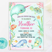 Under the sea birthday invitation for girl, Sea animals dolphin, whale, narwhal and turtle