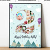 Number photo collage with mountains and hot air balloon background, Birthday photo collage for kids