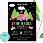 S'mores bonfire invitation, camping birthday invitation for girl