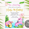 Pool party invitation, cool by the pool, flamingo, tropical