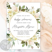 Baby shower invitation, ivory white roses, greenery, creamy, vanilla white