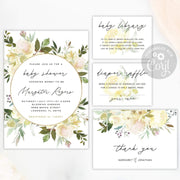 Baby Shower Invitation Bundle Templates, Ivory Roses, Greenery, 4 items