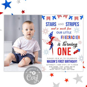 4th of July firecracker first birthday invitation with photo, Stars and stripes first birthday