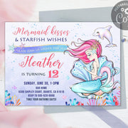 Mermaid birthday invitation template editable mermaid kisses and starfish wishes