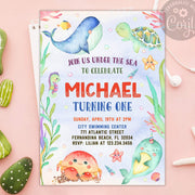 Under the sea 1st birthday invitation, Sea creatures birthday invitation, editable template