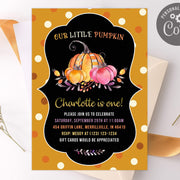 Pumpkin birthday invitation, Fall Halloween birthday invitation editable