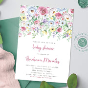 Pink and purple baby shower invitation for baby girl, spring flowers baby shower invite editable