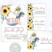 Girl Baby Shower Invitation Set Elephant Sunflowers