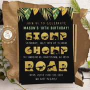 Dinosaur stomp chomp and roar invitation, Black and gold dinosaur party invitation