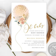 Oh baby shower invitation for baby girl reveal, balloon, modern, peach