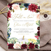 Fall in love bridal shower invitation pumpkin bridal shower template burgundy navy