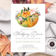 Thanksgiving dinner invitation, pumpkin, floral, editable