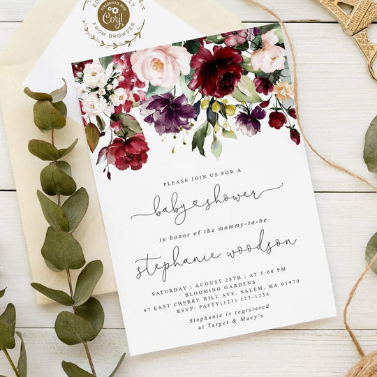 Burgundy baby shower invitation, floral watercolor baby shower invitat ...