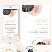 Modern virtual bridal shower invitation, abstract, gold, navy blue, blush