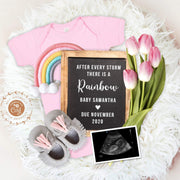 Pregnancy Announcement for Social Media, baby girl, rainbow, pink