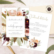 Bachelorette party invitation and itinerary templates, floral, boho, rust