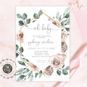 Baby shower invitation for baby girl, Oh baby, floral baby shower, geometric frame, dusty rose