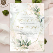 Bridal shower invitation template with bohemian greenery and gold elements