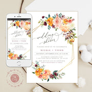 Wedding Shower Invitation Template, Fall Bridal Shower, Floral, Blush, Burgundy, Yellow